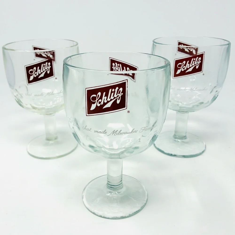 Vintage Schlitz ThumbPrint Beer Goblets Glasses Set of 3 Breweriana Barware 70's